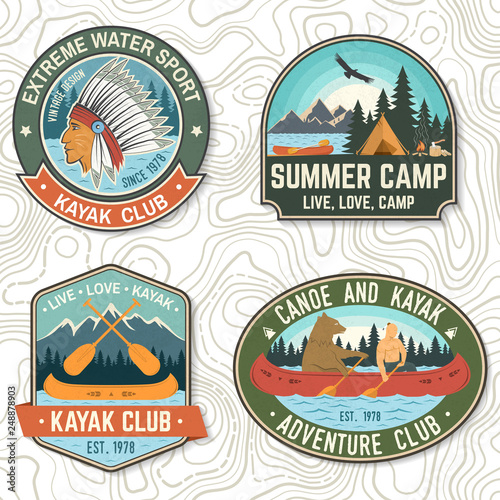 Set of canoe and kayak club badges Vector. Concept for patch, print, stamp or tee. Vintage design with mountain, river, american indian and kayaker silhouette. Extreme water sport kayak patches