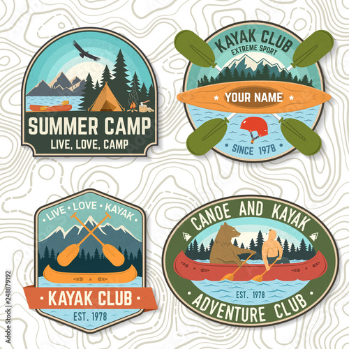 Set of canoe and kayak club badges Vector. Concept for patch, shirt, print or tee. Vintage design with mountain, river, american indian and kayaker silhouette. Extreme water sport kayak patches