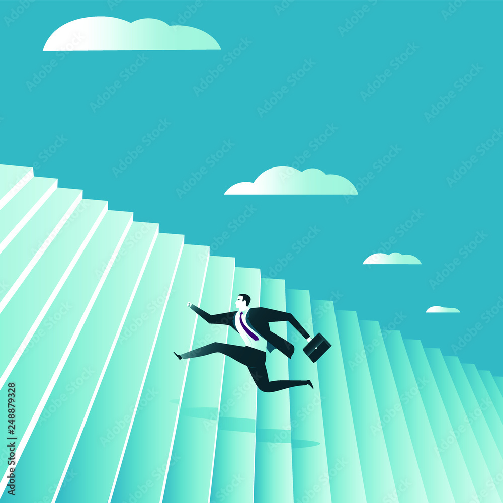 Obraz premium The businessman running up the stairs. Symbol of ambition, motivation, success in career, promotion. Business concept. Vector illustration