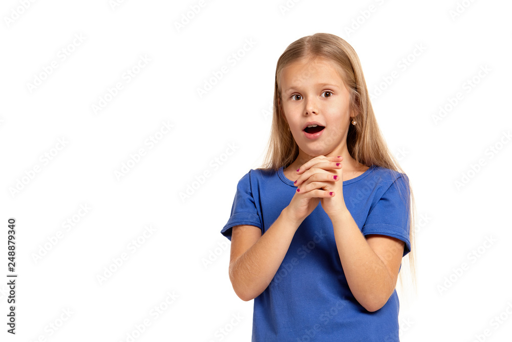 Portrait of adorable emotional little girl isolated on a white Portrait of adorable emotional little girl isolated on a white