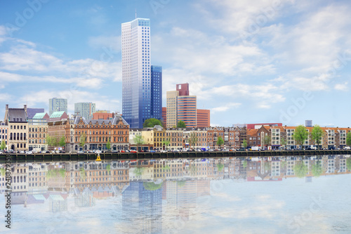 Photography Waterfront panorama of Erasmus bridge across new meuse, theatre, headquaters, po
