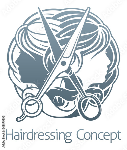 Hair stylist salon hairdresser concept with womens faces and scissors