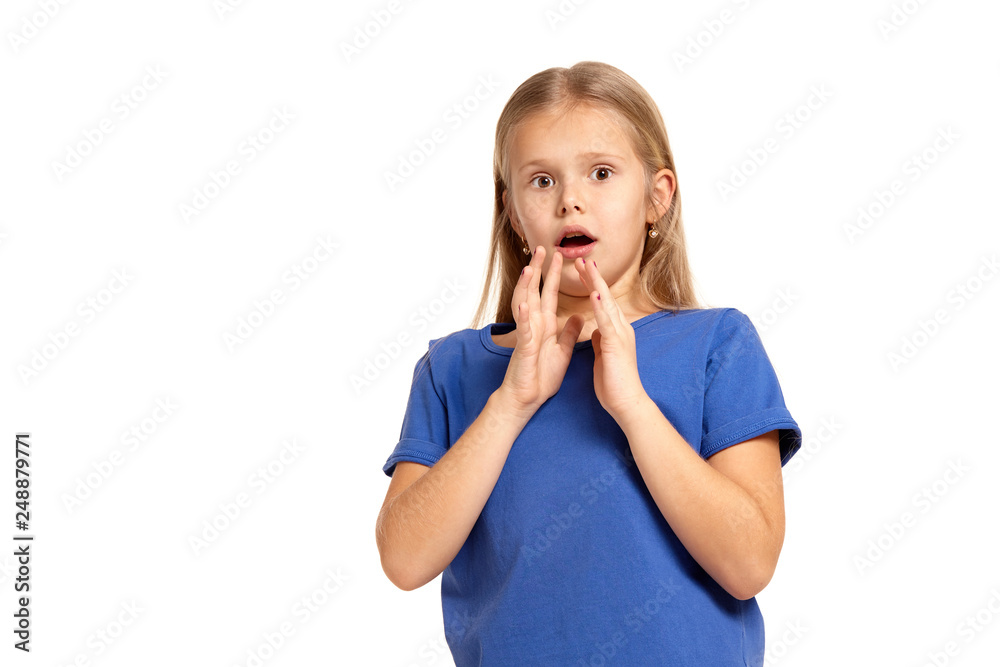 Portrait of adorable emotional little girl isolated on a white Portrait of adorable emotional little girl isolated on a white