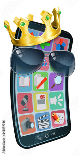 A mobile phone cartoon character mascot wearing a gold king crown