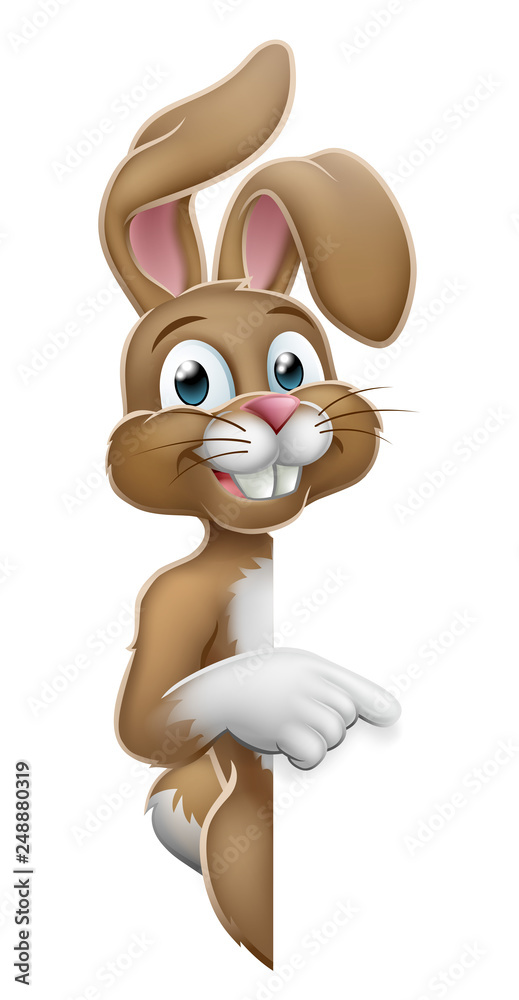 Obraz premium The Easter bunny rabbit cartoon character peeking around a sign and pointing at it