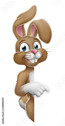 The Easter bunny rabbit cartoon character peeking around a sign and pointing at it