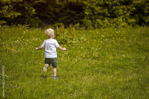 Little blond boy runs in a green meadow on the edge of the forest