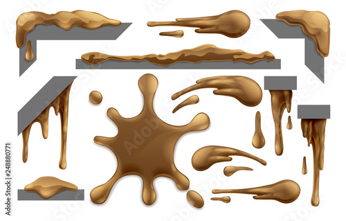 Set of Mud, Chocolate or brown slime blobs, splats, drips and drops design elements