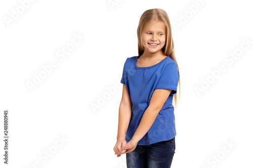 Portrait of adorable emotional little girl isolated on a white