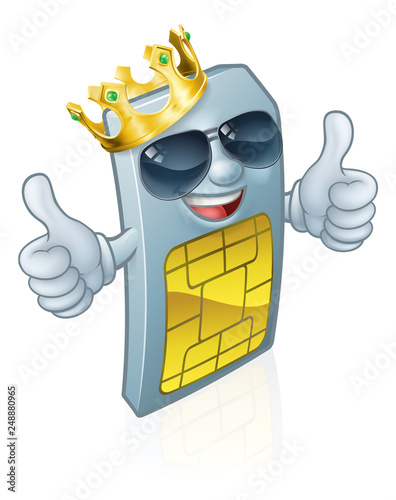 A mobile phone sim card cartoon character mascot wearing a gold king crown and cool shades or sunglasses giving a double thumbs up.