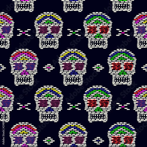 Catrina`s skull seamless pattern. Ethnic mexican bright fabric background with colorful element. Day of the Dead holiday illustration. Vector embroidery texture.