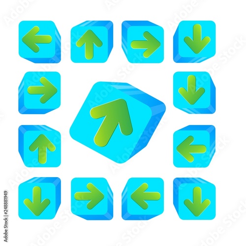  Vector illustration. EPS. Set. Blue volumetric cubes. Green arrows in different directions.