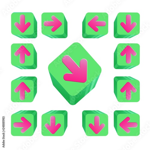  Vector illustration. EPS. Set. Green buttons.Green volumetric cubes. Pink arrows in different directions with a gradient fill.
