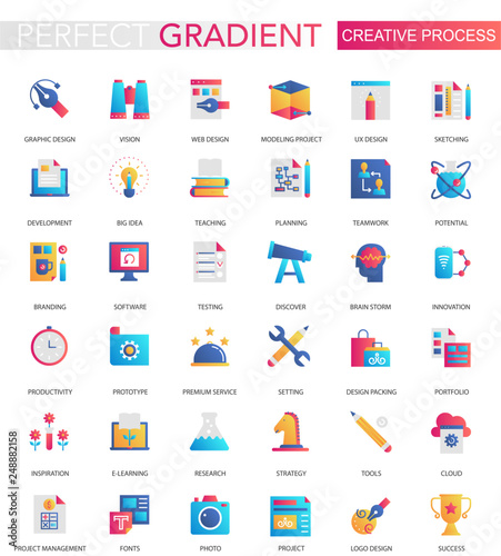 Vector set of trendy flat gradient of creative process icons.