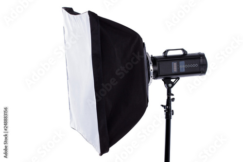 Close up professional soft box. Side view studio flash with clipping path. Professional shooting in photostudio. Isolated on white background.