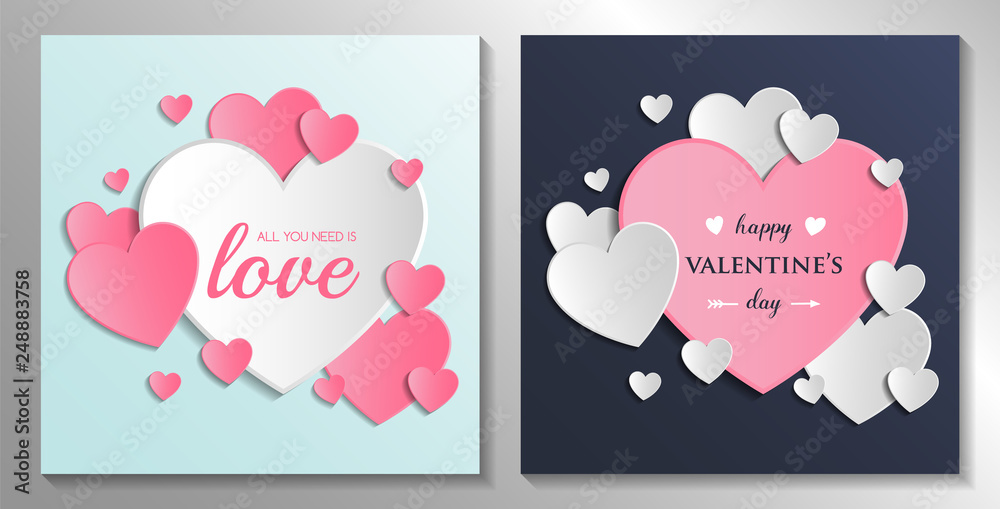 Valentine's Day card collection with cute paper hearts. Vector