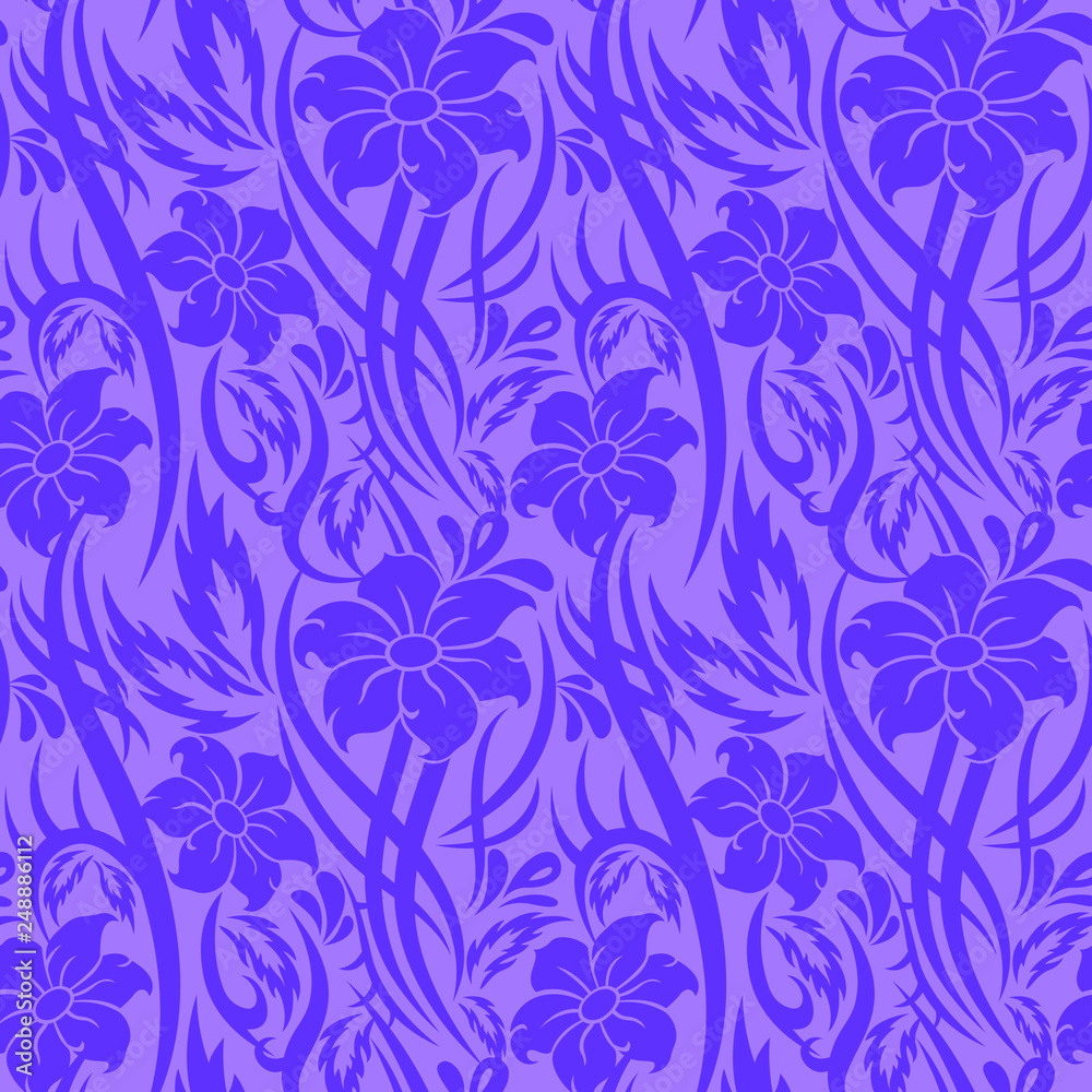 Obraz premium Tribal lilac Flower seamless pattern with leaves, drops and curls. Backdrop vector illustration