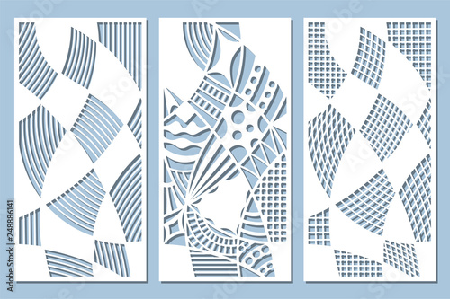 Set decorative card for cutting. Doodle line pattern. Laser cut panel. Ratio 1:2. Vector illustration.