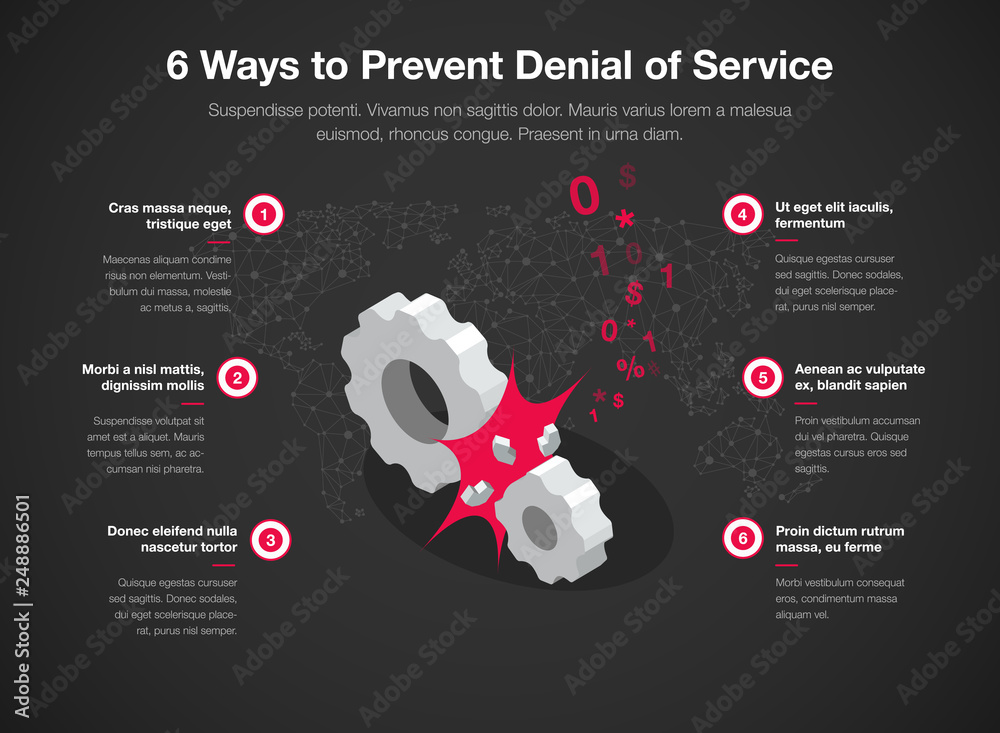 Naklejka premium Simple Vector infographic for 6 way to prevent denial of services (dos) with broken gears as a main symbol - dark version. Easy to use for your website or presentation.