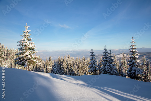 Bukovel in the winter. Snow-capped mountain peaks. Ukrainian Carpathians.