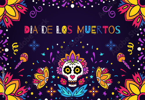 Dia de los Muertos  Day of the Dead vector illustration. Design for banner or party flyer with sugar skull  flowers and decorative border.