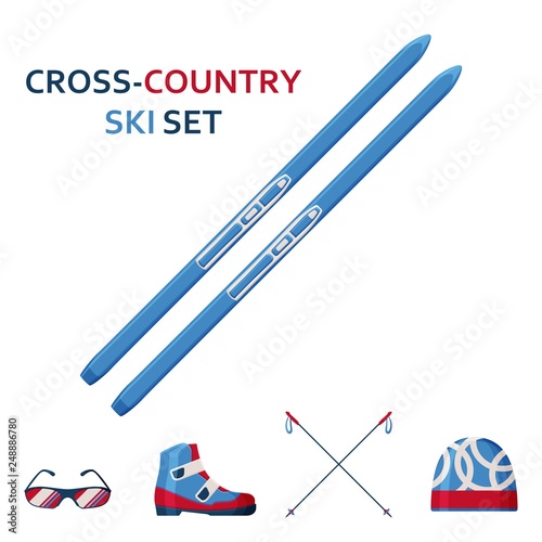 Cross country skies icon collection. Set with equipment, wear and shoes
