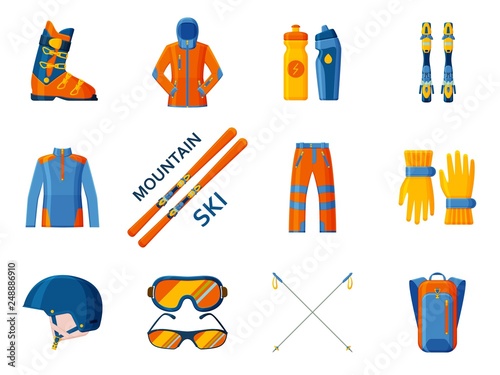 Mountain skies icon collection. Set with equipment, wear and shoes