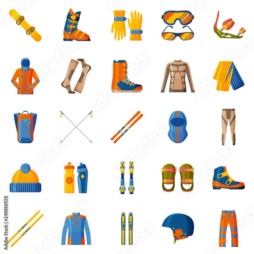 Winter sport icon collection. Set with equipment, wear and shoes. Ski and snowboard