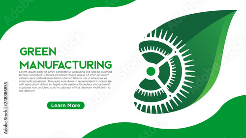 green manufacturing concept simple greeen leaf with gear wheel negative space  vibrant green and white background with long shadow perfect for presentation and web banner illustration