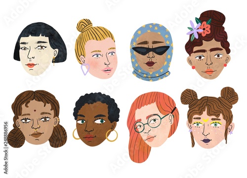 Fototapeta Naklejka Na Ścianę i Meble -  Happy international women's day. Different beauty. Set of various women's heads. Various races and nationalities. Colored hand drawn illustration.