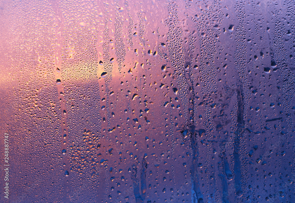 Water drops and sunlight on glass