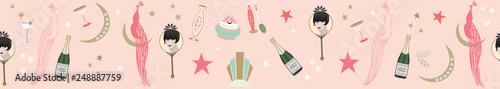 Pretty, feminine art deco seamless pattern border. Vector, repeats endlessly from left to right. Flapper in mirror, champagne, peacocks and crescent moons in an Art Deco theme.