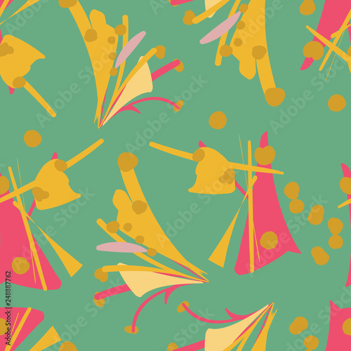 Asian inspired abstract seamless repeat pattern in mineral green, golden yellow, and coral pink. Dynamic movement and flow, for fashion, textiles, gift wrapping paper, home decor and design. Vector.