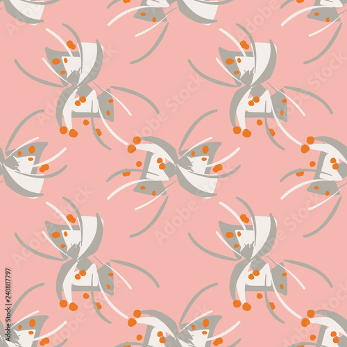 Asian inspired abstract seamless repeat pattern in blush pink, gray, white and orange. Dynamic movement and flow, for fashion, textiles, gift wrapping paper, home decor and design. Vector.