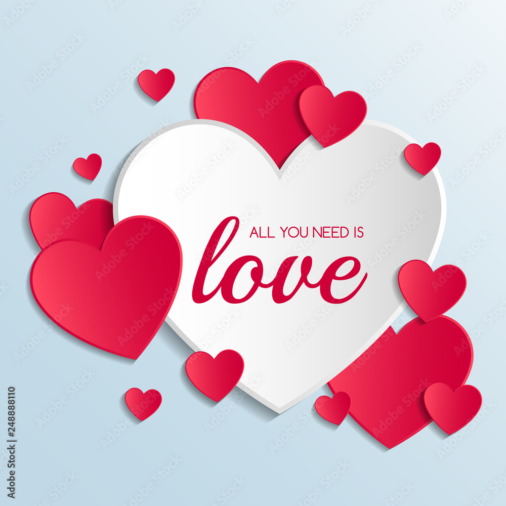 Valentine's Day poster with cute paper hearts. Love concept. Vector