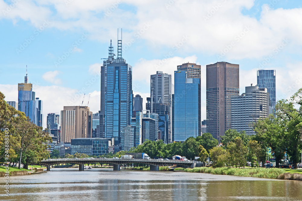 The skyline of the Melbourne, Australia, central business district with the Yarra River in the foreground.