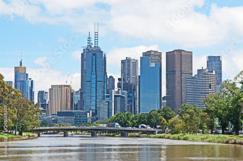 The skyline of the Melbourne  Australia  central business district with the Yarra River in the foreground.