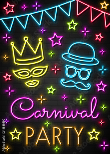 Carnival Party - colorful neon invitation card. Vector