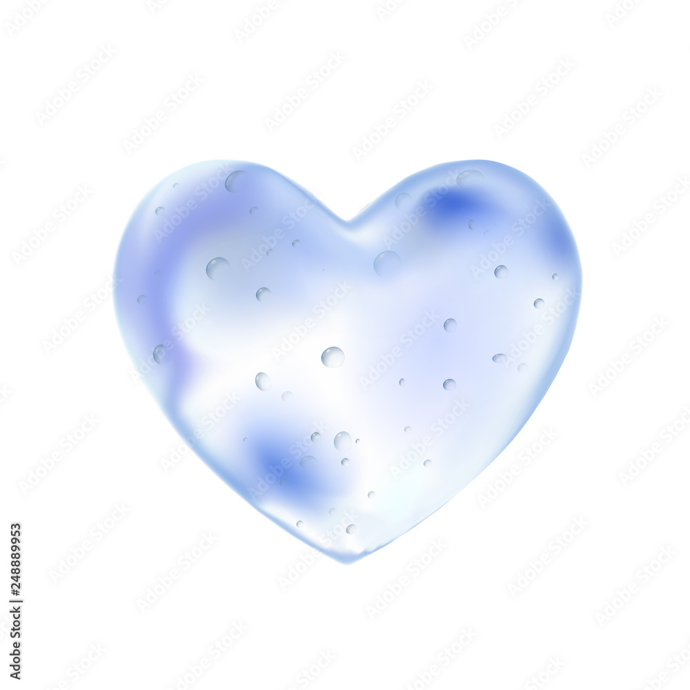 Valentine heart made of blue clear water. Liquid droplet and small bubbles. Transparent shape drop. Clean beautiful design. Vector illustration EPS 10