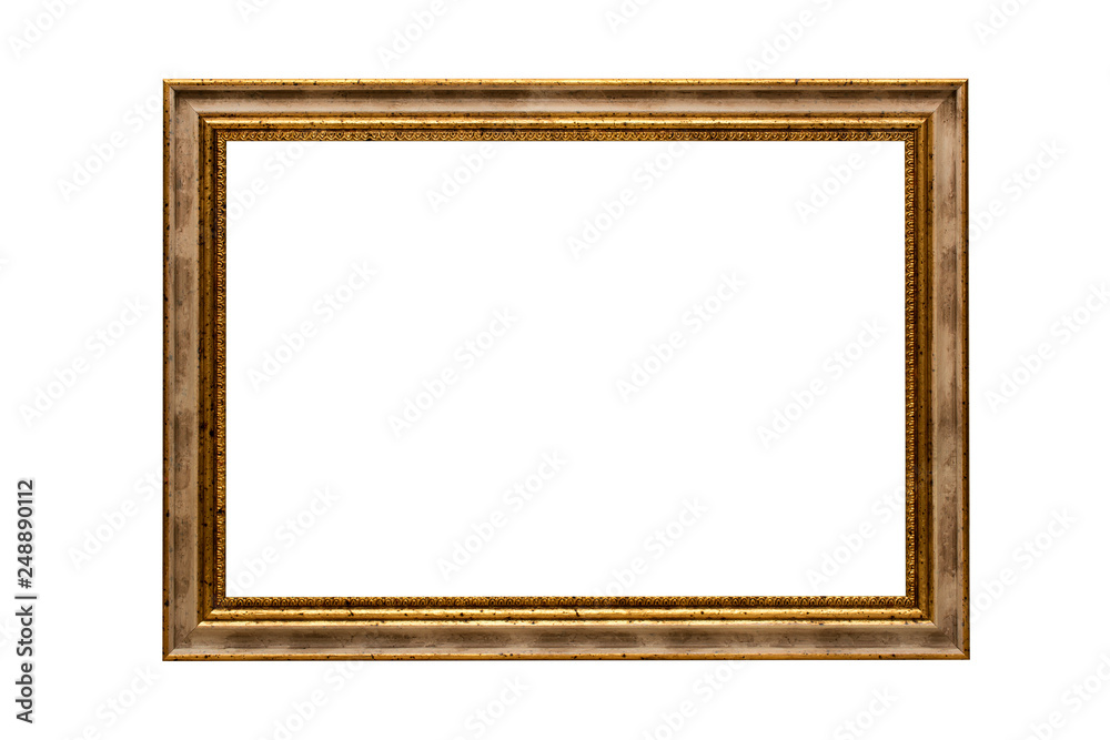 Wooden frame for paintings with patina, made in a classic design. Isolated. Picture frame. White background. Wooden frame for paintings with patina, made in a classic design. Isolated. Picture frame. White background.