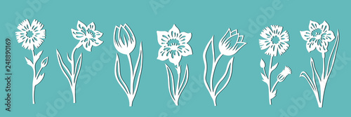 A set of flowers for decoration. Templates for paper cutting, laser cutting and plotter. Vector illustration.