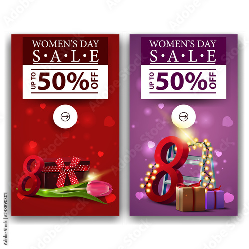 Two discount banners for women's day with gifts and Tulip