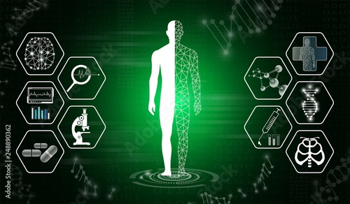 abstract background technology concept in green light,human body heal,technology modern medical science in future and global international medical with tests analysis clone DNA human