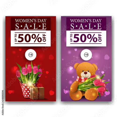 Two discount banners for women's day with bucket with tulips, gift and Teddy bear with a bouquet of tulips