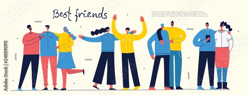 Vector banner with the group of happy fashion people - best friends in a flat style