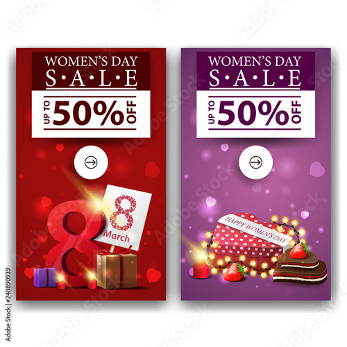 Two discount banners for women's day with gifts with the number eight and gift in the shape of a heart