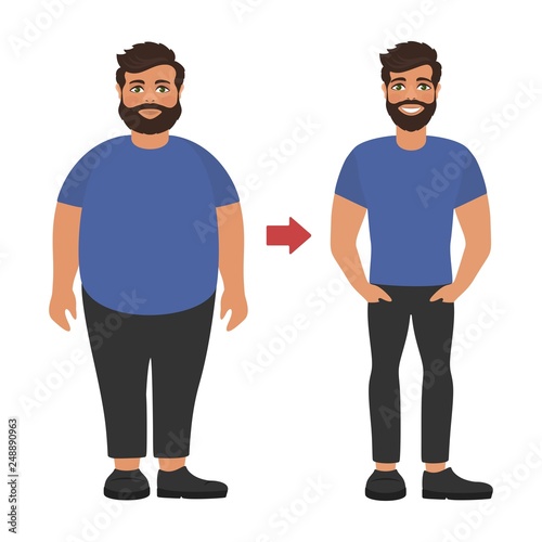 Sad fat and happy healthy slim man. Weight loss concept. View before and after diet and sport. Cartoon characters on white background. Flat design. Vector illustration.