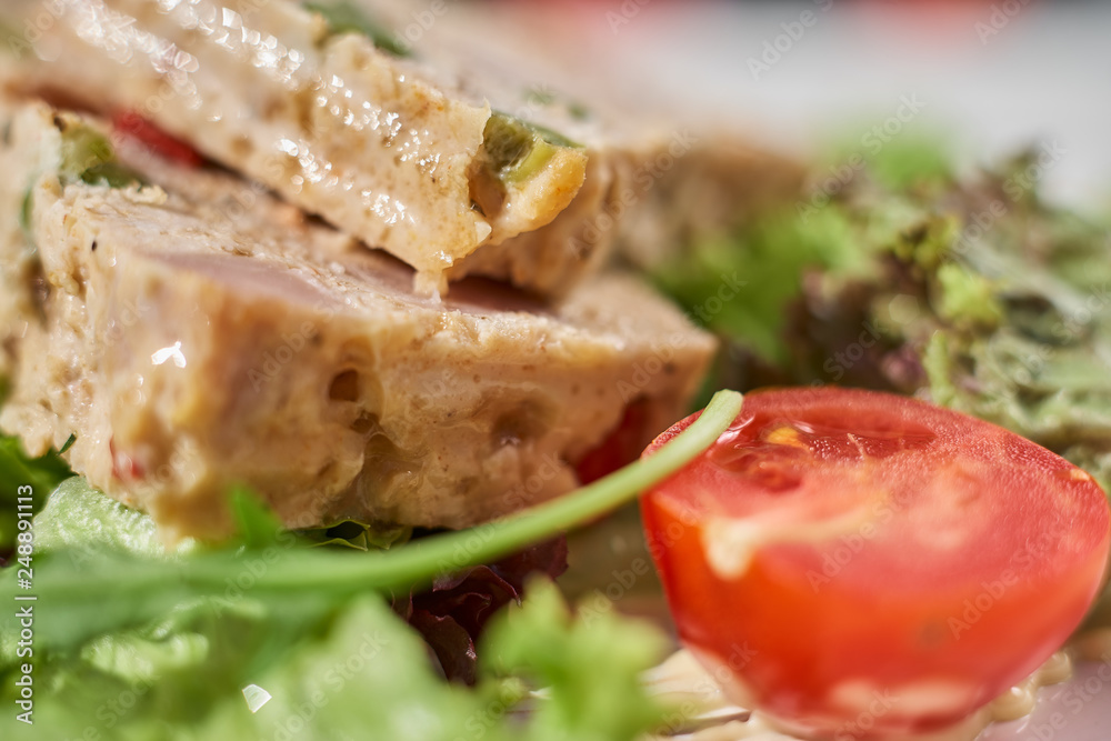 Delicious meat pate terrine with liver,nuts and dried cranberry.