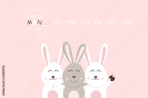 Easter Monday, holiday greeting card, minimal decoration pastel, rabbit and friend with chocolate egg sweet, cute cartoon character invitation vector illustration