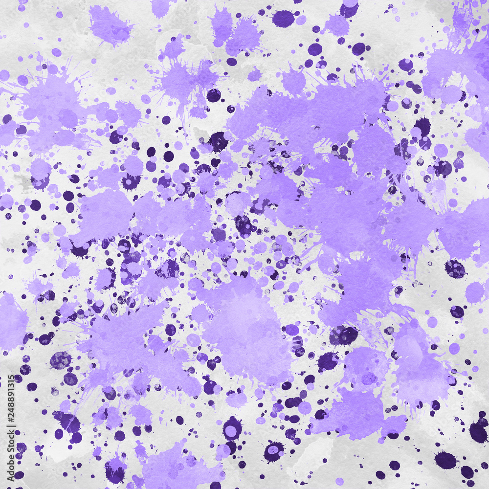 Violet paint splatter effect texture on gray paper background. Artistic backdrop. Different paint drops. Rusted metal.